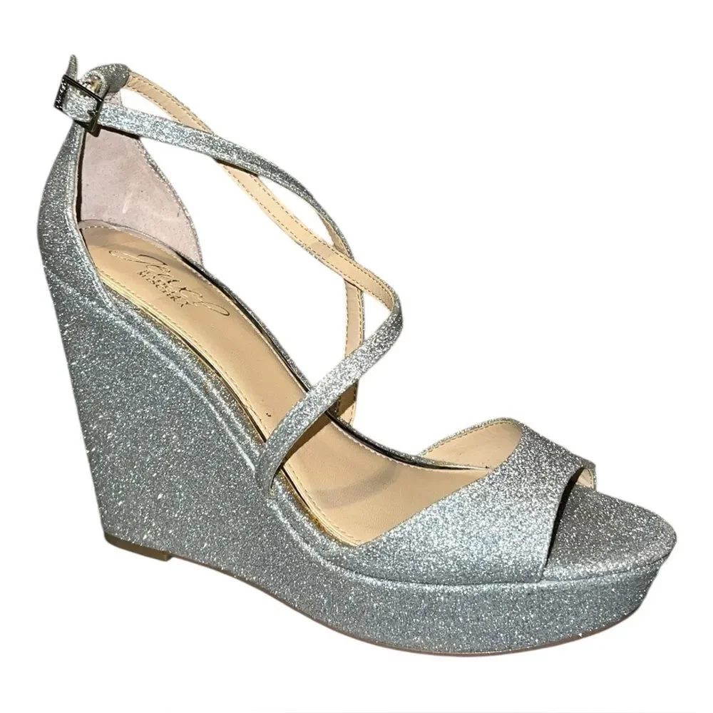 Jewel Badgley Mischka Averie Evening Sandal Heels Silver Glitter 8.5M New